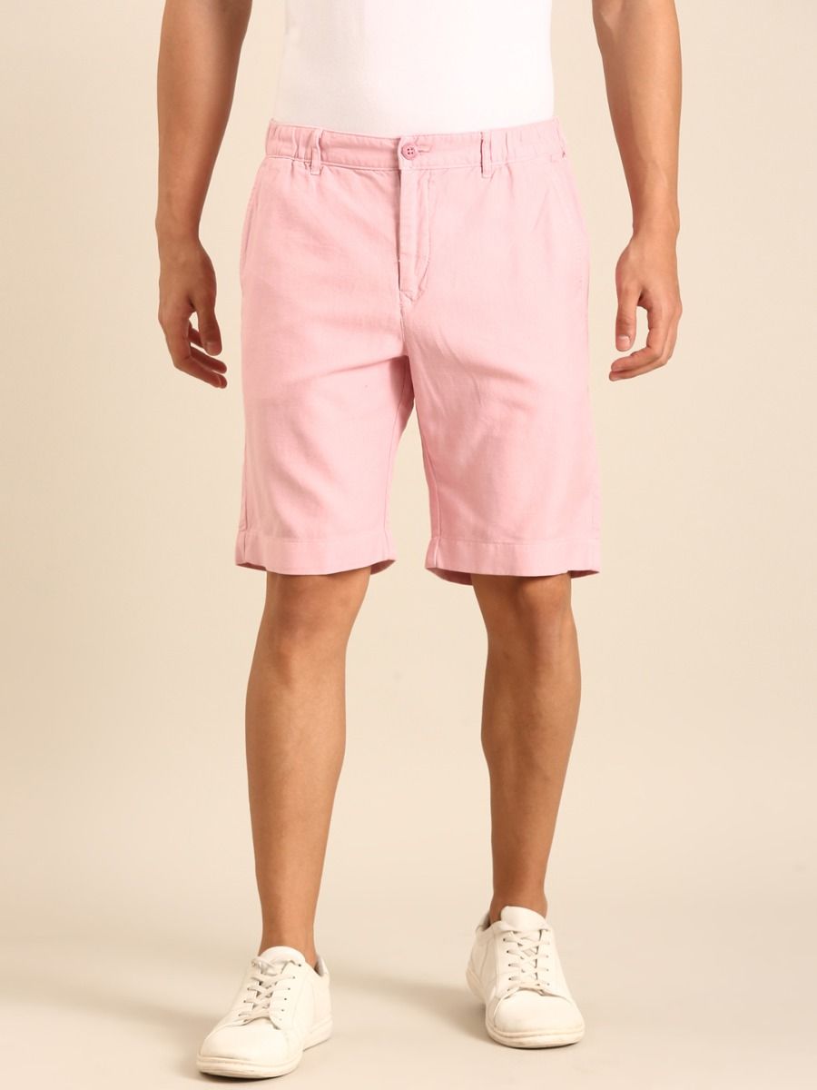 CAVALLO by Linen Club Men's Blended Linen Pink Solid Contemporary Fit Casual Shorts CAVALLO by Linen Club Men's Blended Linen Pink Solid Contemporary Fit Casual Shorts