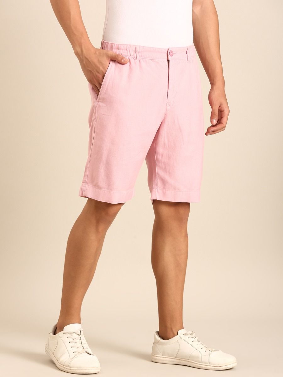 CAVALLO by Linen Club Men's Blended Linen Pink Solid Contemporary Fit Casual Shorts CAVALLO by Linen Club Men's Blended Linen Pink Solid Contemporary Fit Casual Shorts