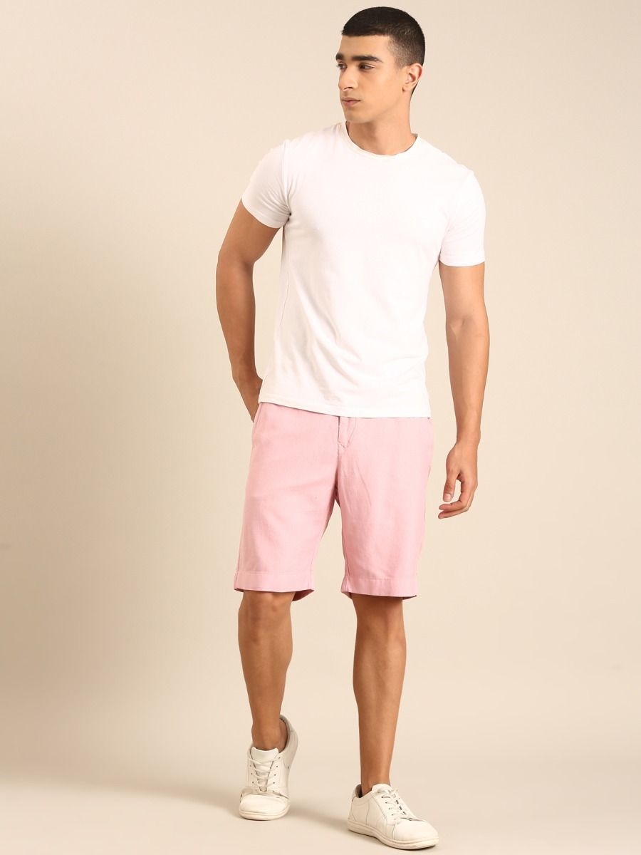 CAVALLO by Linen Club Men's Blended Linen Pink Solid Contemporary Fit Casual Shorts CAVALLO by Linen Club Men's Blended Linen Pink Solid Contemporary Fit Casual Shorts