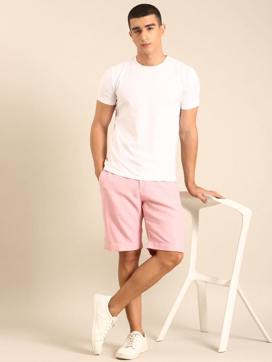 CAVALLO by Linen Club Men's Blended Linen Pink Solid Contemporary Fit Casual Shorts CAVALLO by Linen Club Men's Blended Linen Pink Solid Contemporary Fit Casual Shorts