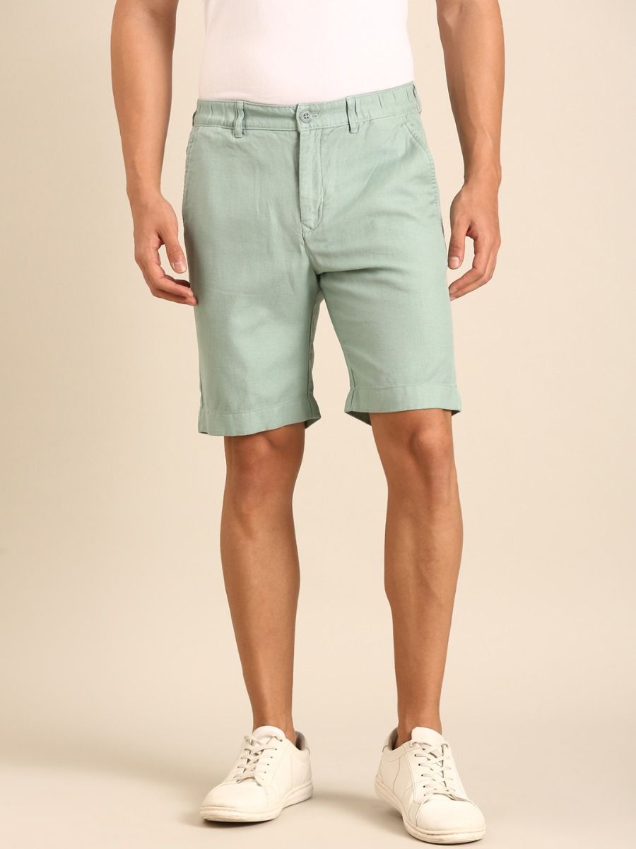 CAVALLO by Linen Club Men's Blended Linen Green Solid Contemporary Fit Casual Shorts CAVALLO by Linen Club Men's Blended Linen Green Solid Contemporary Fit Casual Shorts