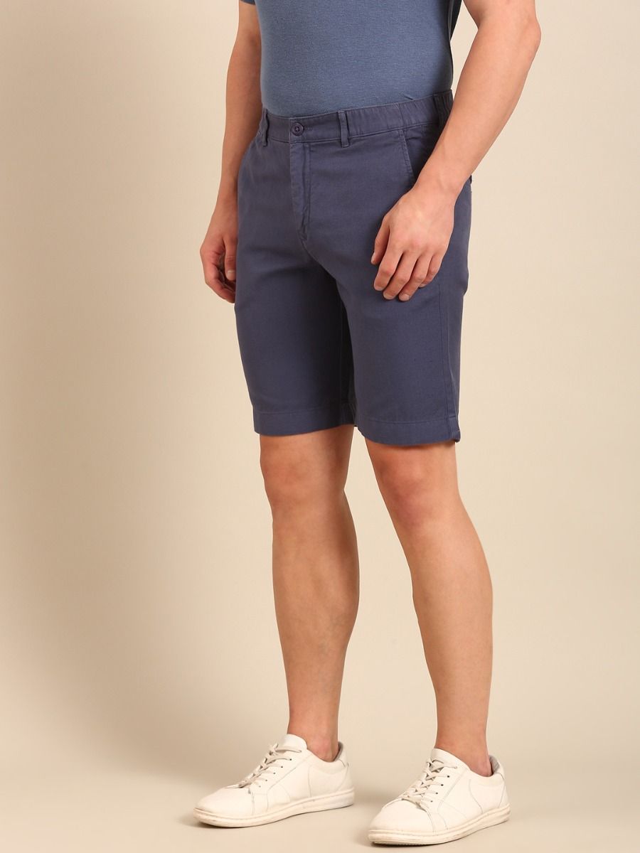 CAVALLO By Linen Club Men's Blended Linen Blue Solid Contemporary Fit Shorts