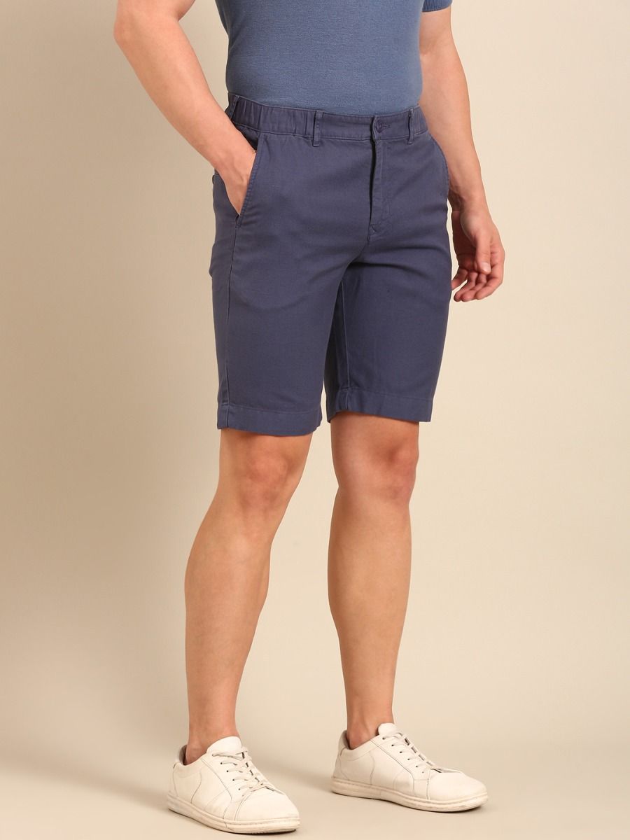 CAVALLO By Linen Club Men's Blended Linen Blue Solid Contemporary Fit Shorts
