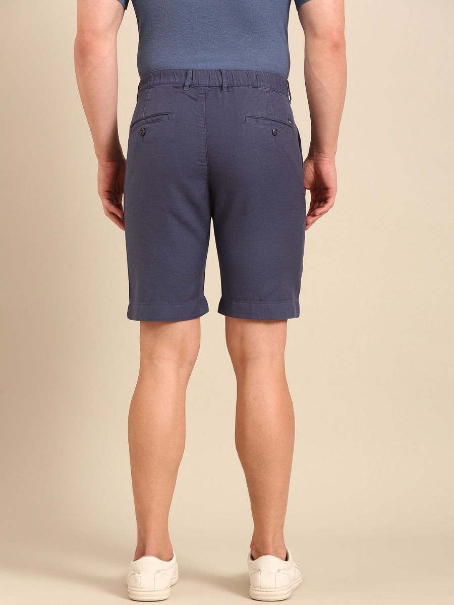 CAVALLO By Linen Club Men's Blended Linen Blue Solid Contemporary Fit Shorts
