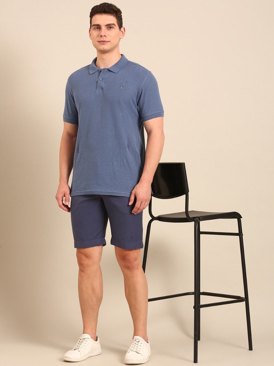 CAVALLO By Linen Club Men's Blended Linen Blue Solid Contemporary Fit Shorts