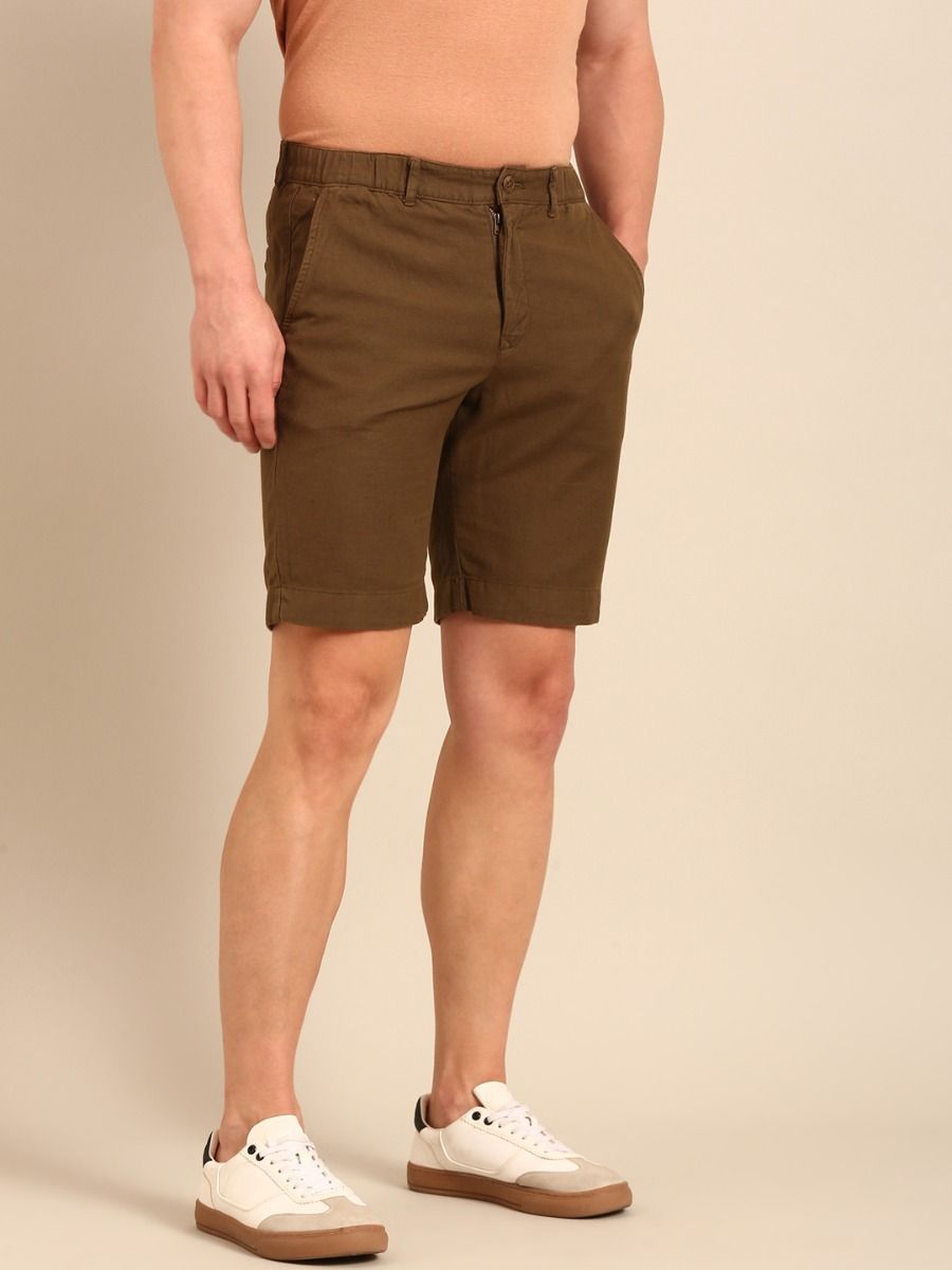 CAVALLO By Linen Club Men's Blended Linen Brown Solid Contemporary Fit Shorts