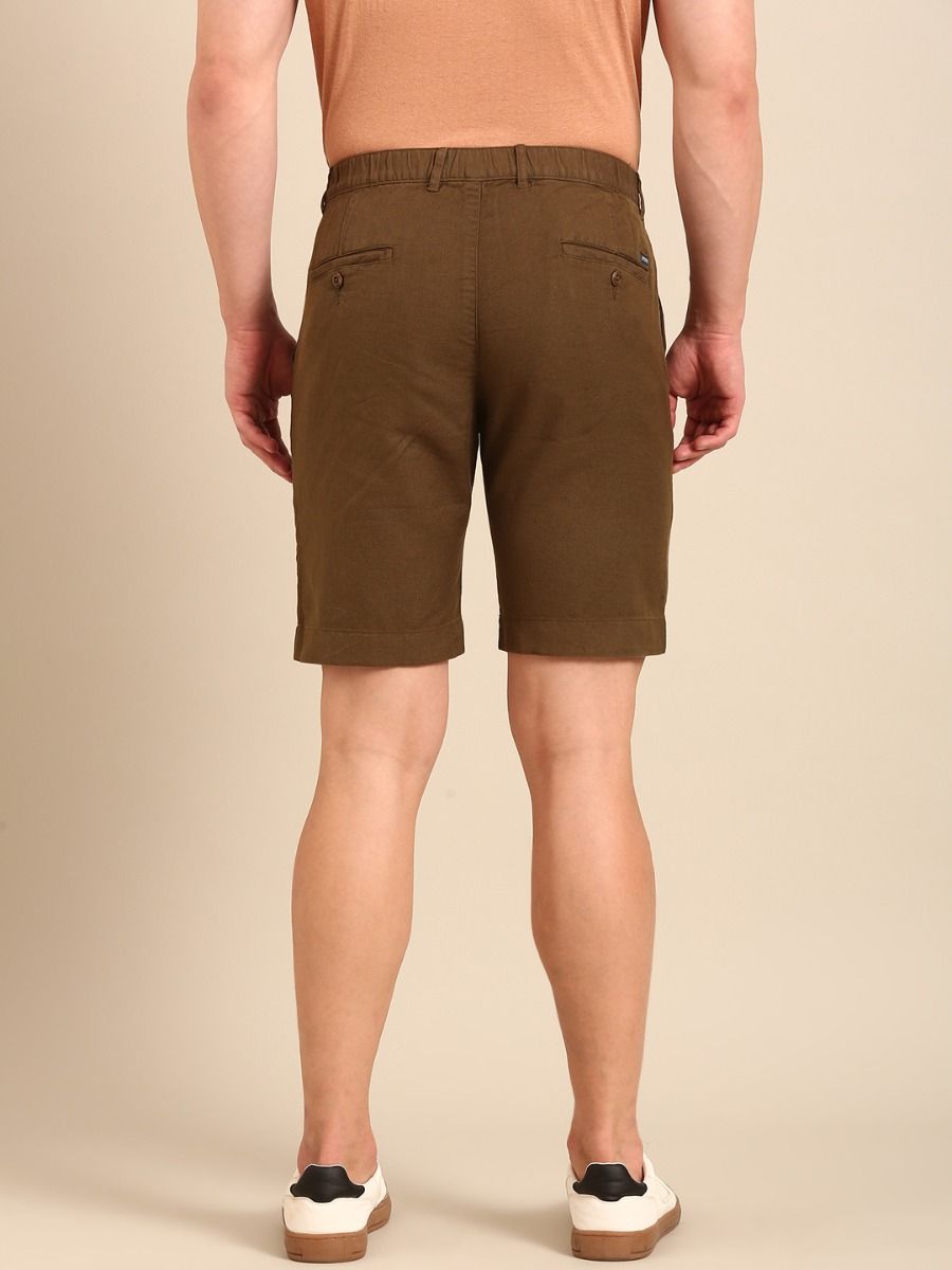 CAVALLO By Linen Club Men's Blended Linen Brown Solid Contemporary Fit Shorts