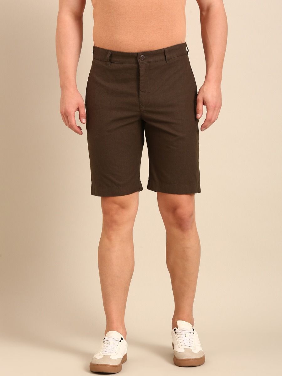 CAVALLO By Linen Club Men's Blended Linen Olive Solid Contemporary Fit Shorts