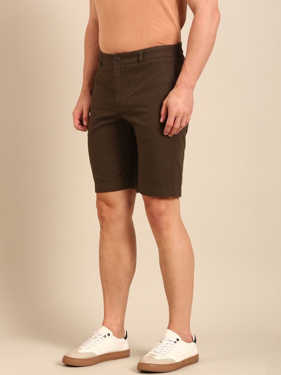 CAVALLO By Linen Club Men's Blended Linen Olive Solid Contemporary Fit Shorts