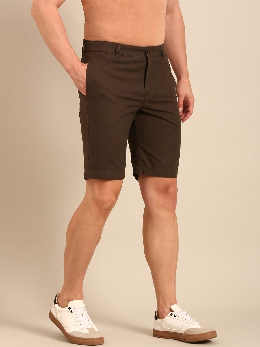 CAVALLO By Linen Club Men's Blended Linen Olive Solid Contemporary Fit Shorts