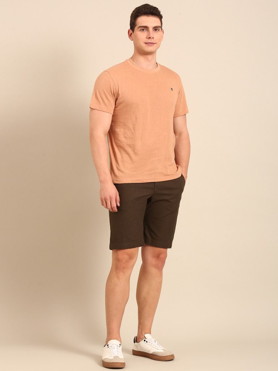 CAVALLO By Linen Club Men's Blended Linen Olive Solid Contemporary Fit Shorts