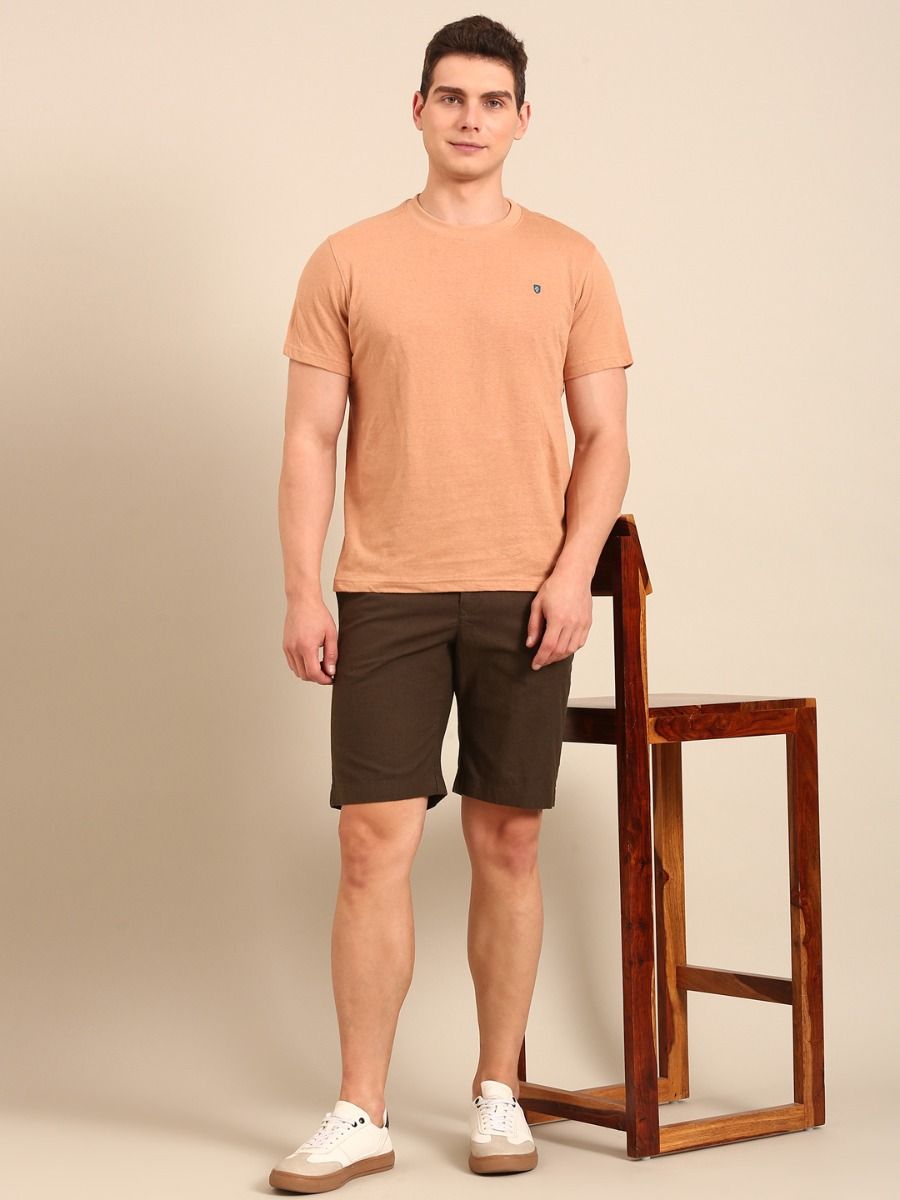 CAVALLO By Linen Club Men's Blended Linen Olive Solid Contemporary Fit Shorts