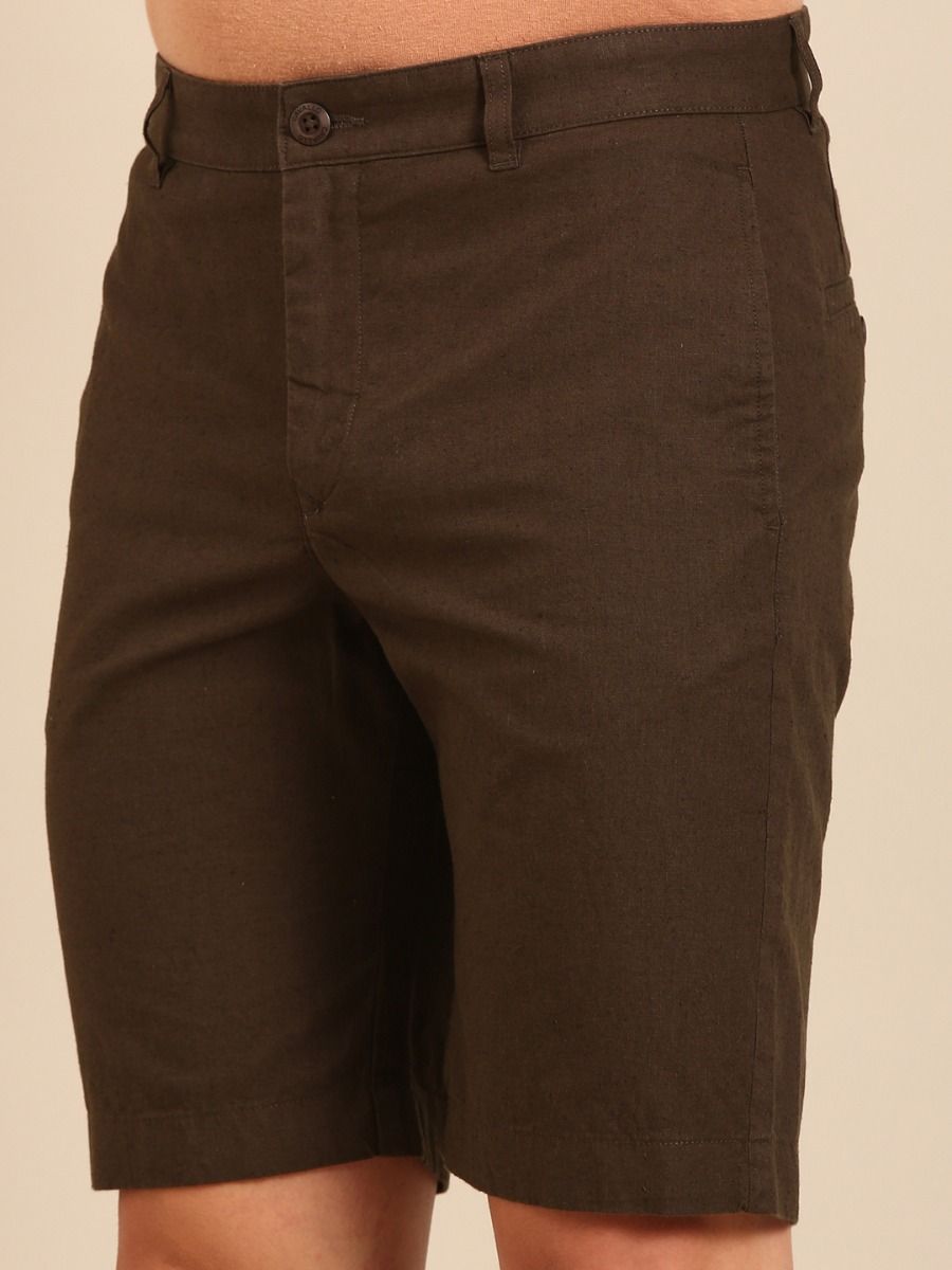 CAVALLO By Linen Club Men's Blended Linen Olive Solid Contemporary Fit Shorts