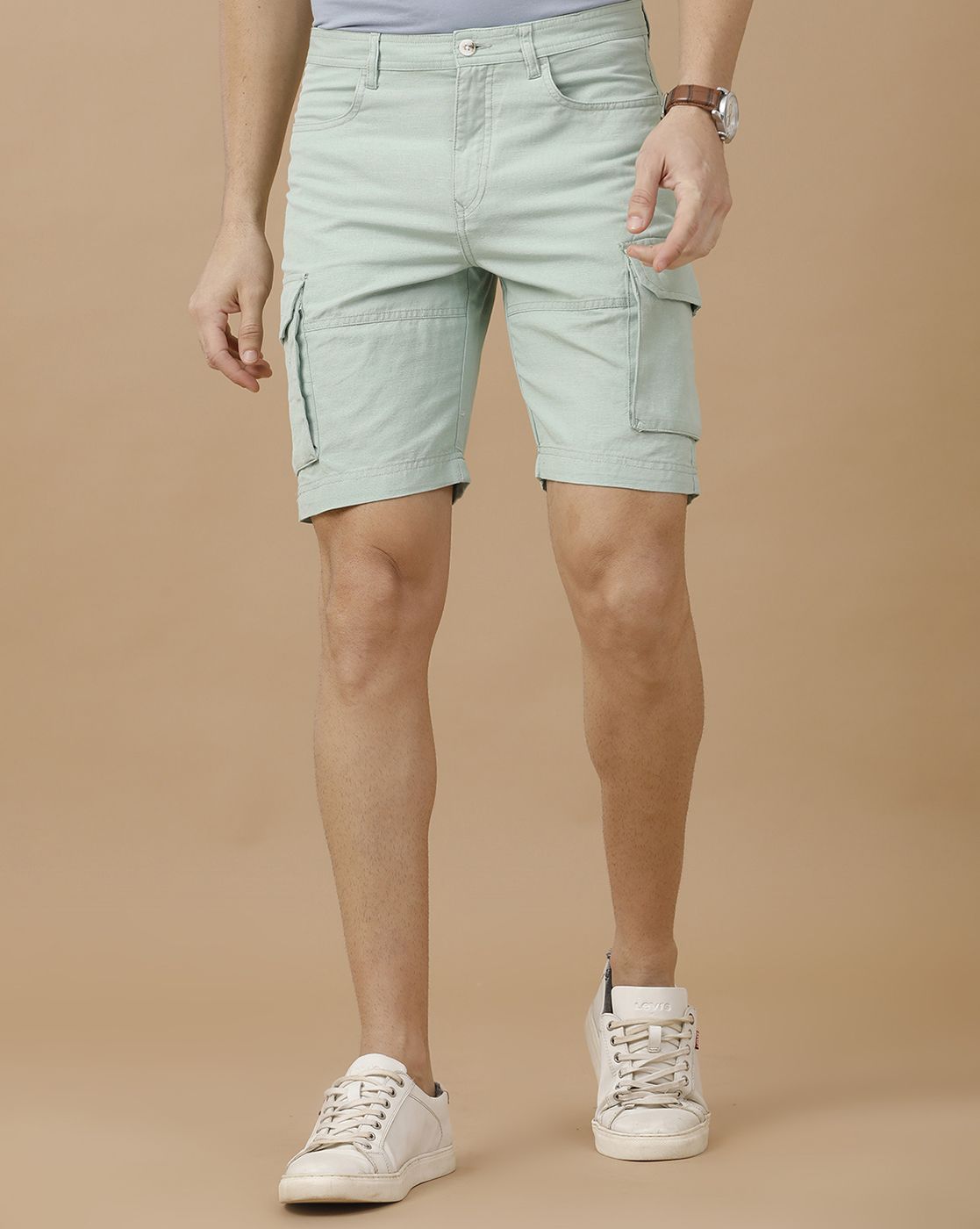 Mens Linen Green Solid Contemporary Fit Casual Shorts