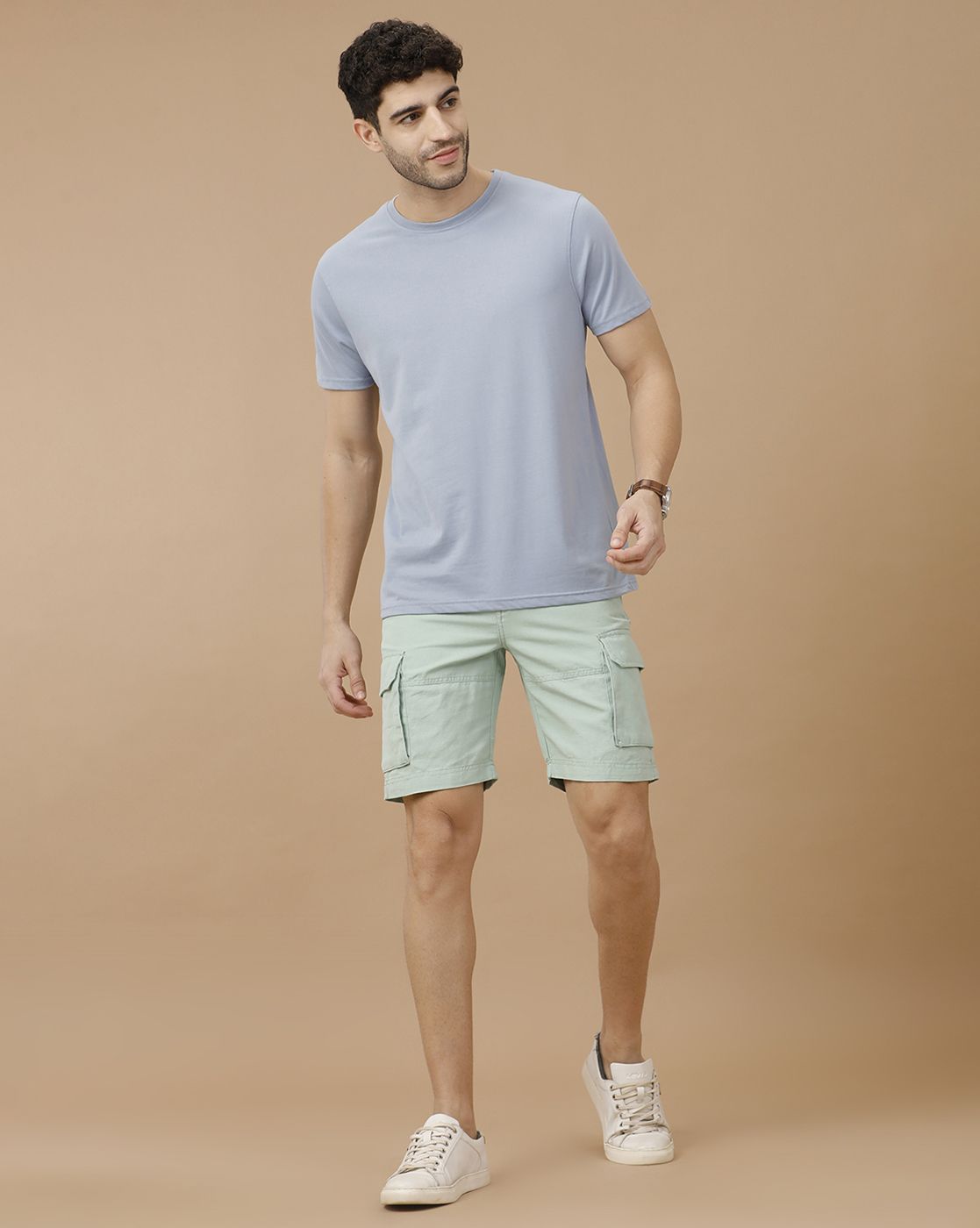Mens Linen Green Solid Contemporary Fit Casual Shorts