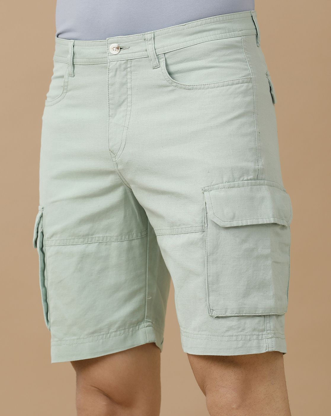 Mens Linen Green Solid Contemporary Fit Casual Shorts