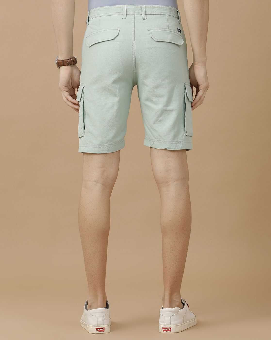 Mens Linen Green Solid Contemporary Fit Casual Shorts