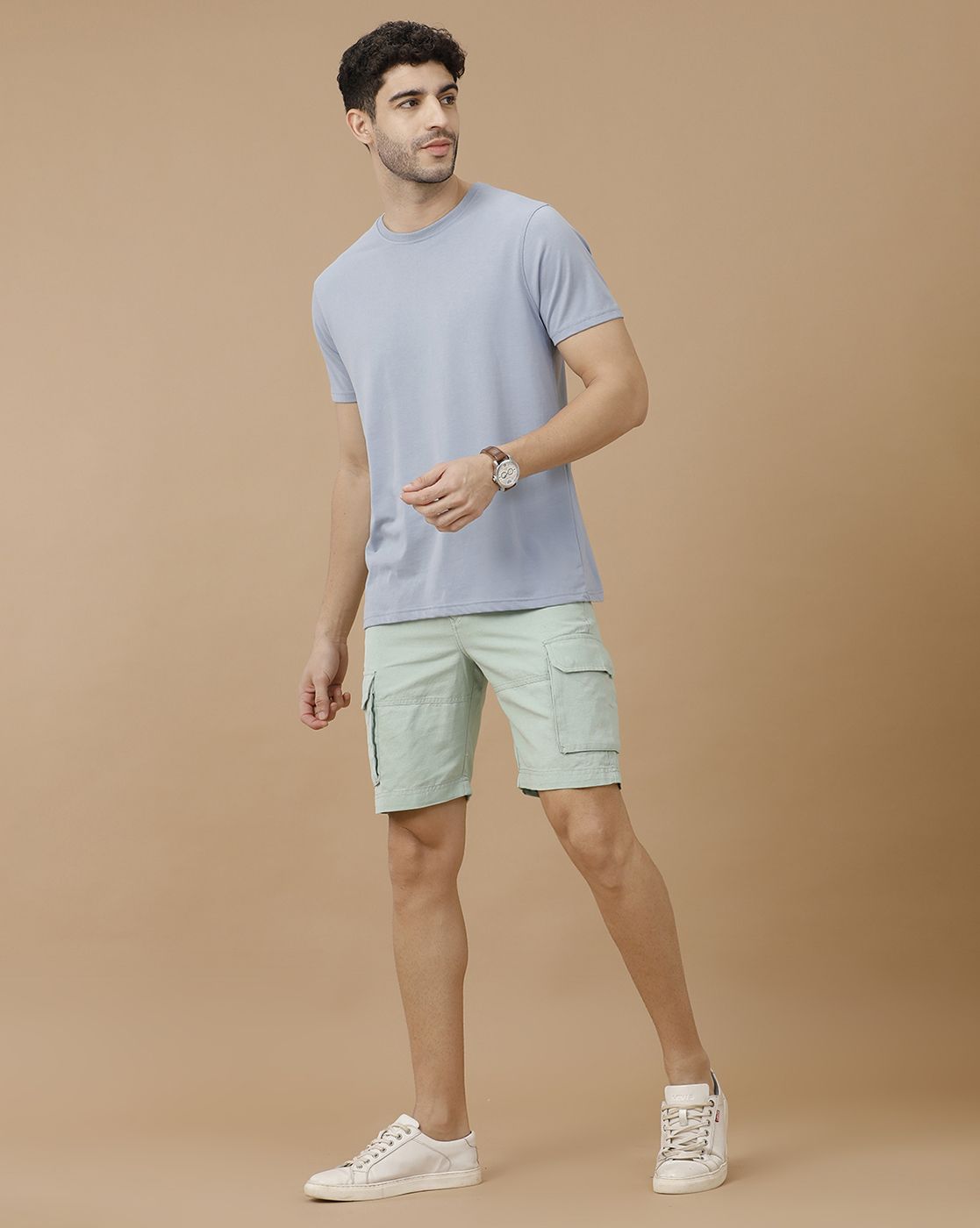 Mens Linen Green Solid Contemporary Fit Casual Shorts