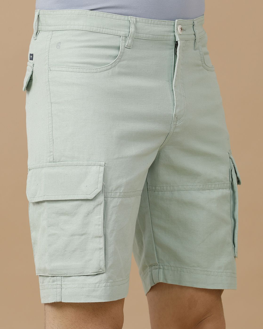 Mens Linen Green Solid Contemporary Fit Casual Shorts