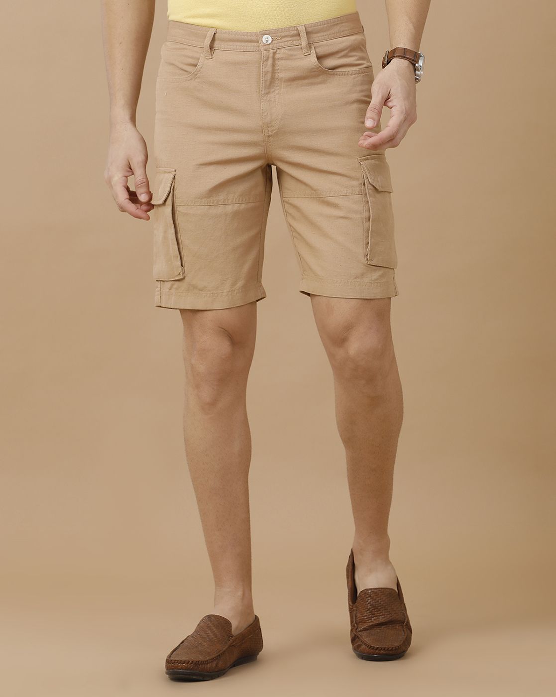 Mens Linen Brown Solid Contemporary Fit Casual Shorts