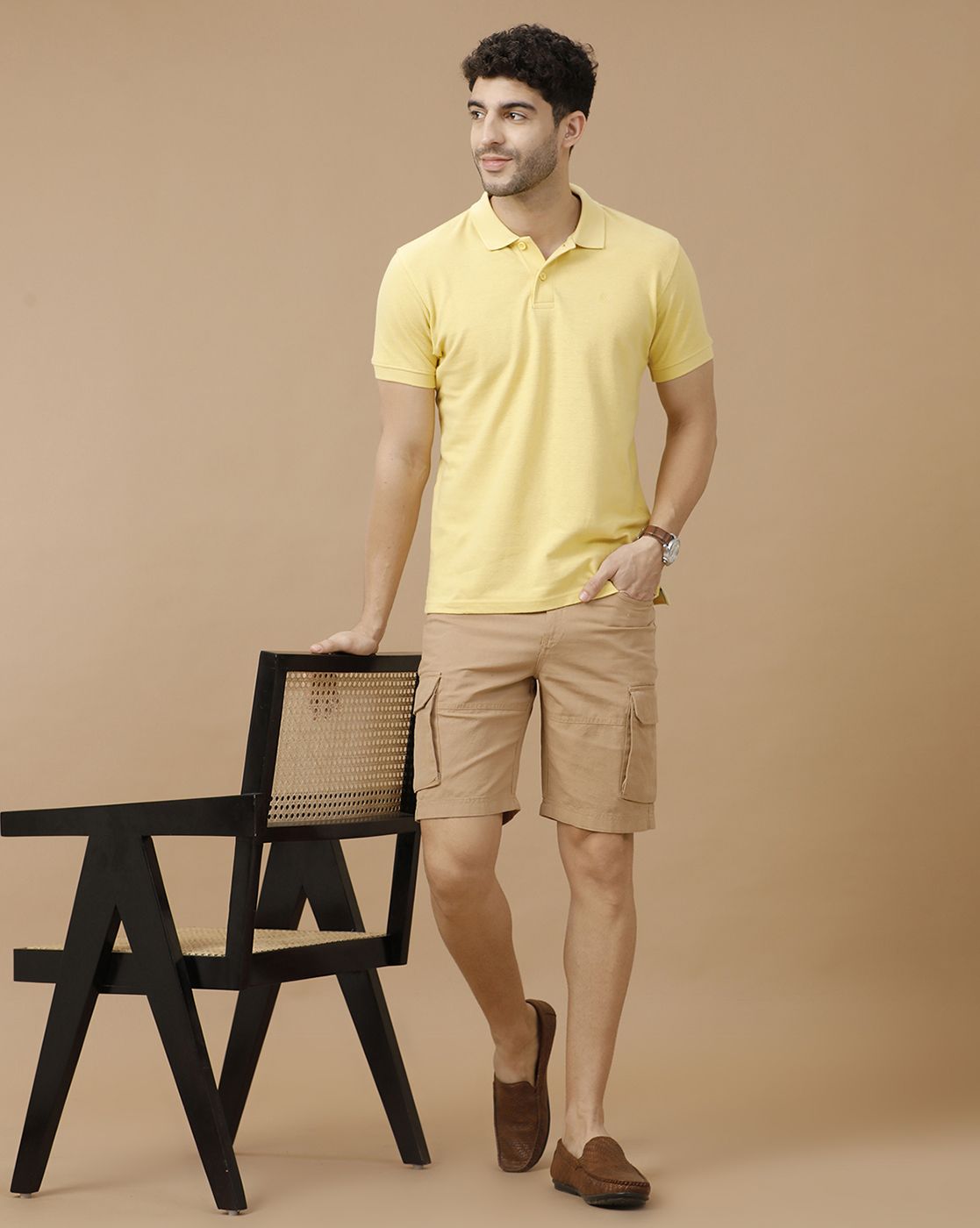 Mens Linen Brown Solid Contemporary Fit Casual Shorts