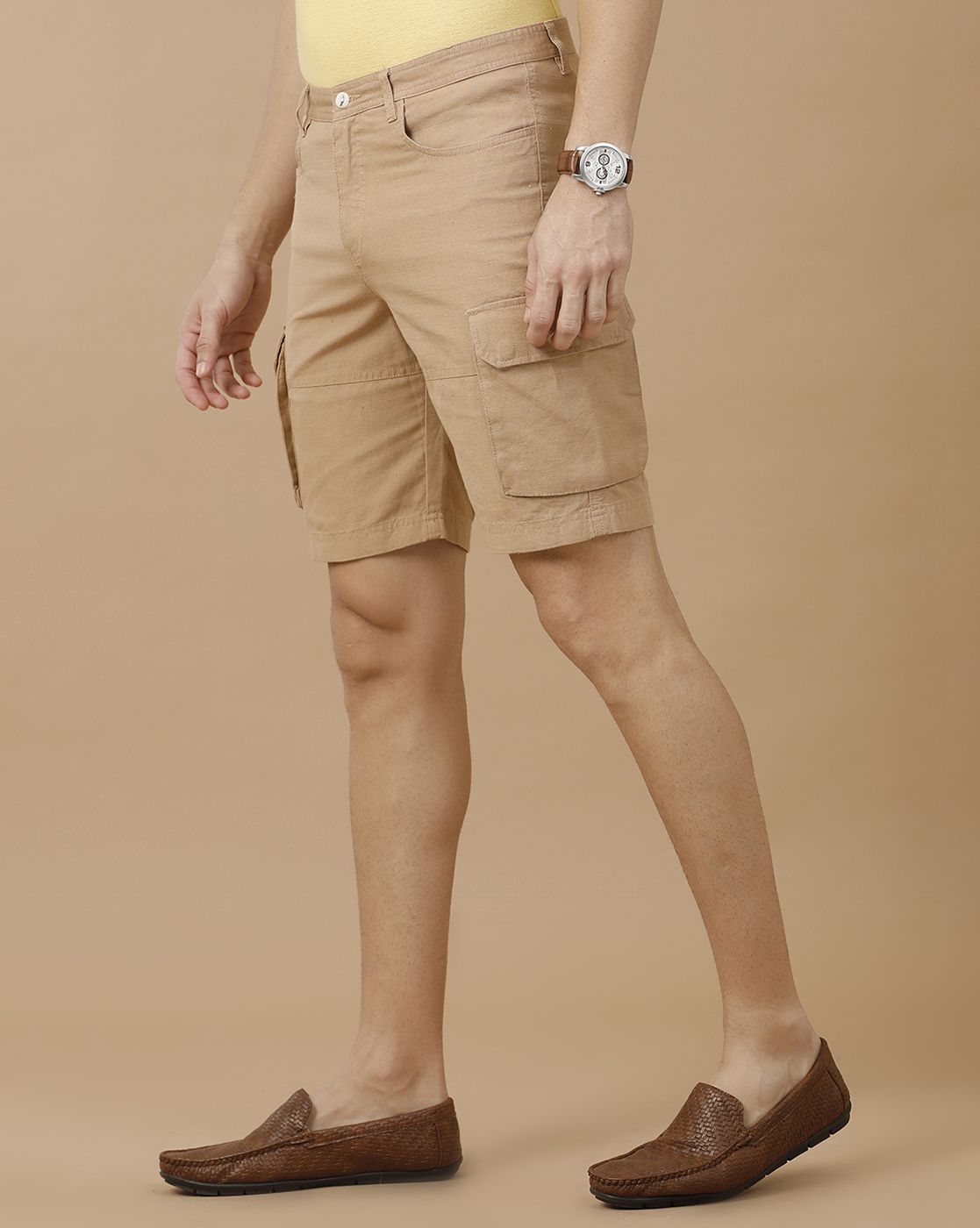Mens Linen Brown Solid Contemporary Fit Casual Shorts