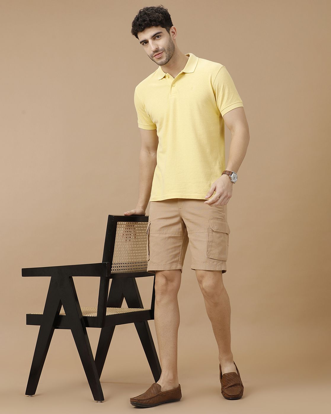 Mens Linen Brown Solid Contemporary Fit Casual Shorts