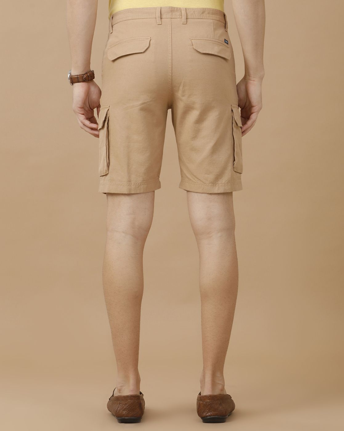 Mens Linen Brown Solid Contemporary Fit Casual Shorts