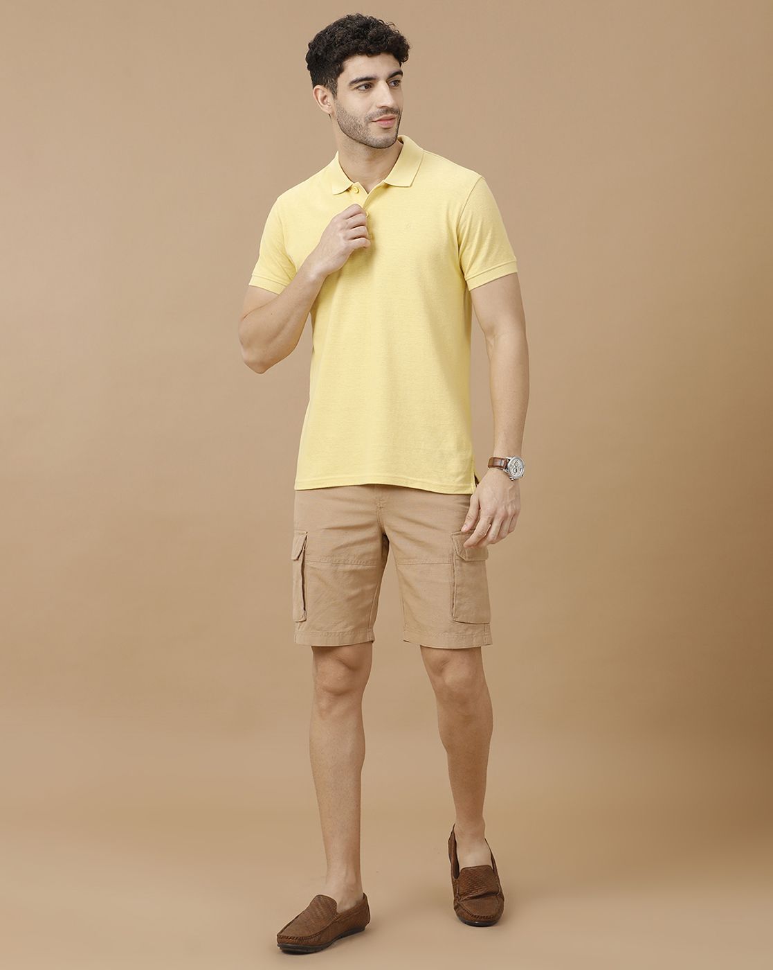 Mens Linen Brown Solid Contemporary Fit Casual Shorts