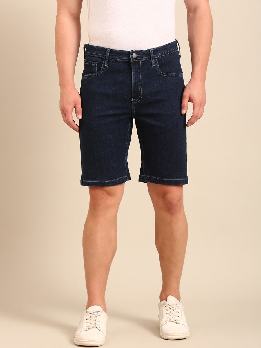 CAVALLO By Linen Club Men's Blended Linen Navy Blue Solid Contemporary Fit Shorts