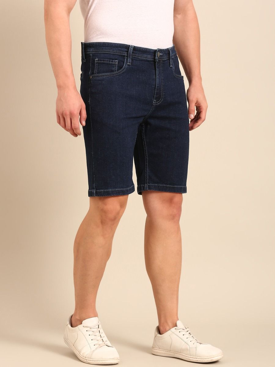 CAVALLO By Linen Club Men's Blended Linen Navy Blue Solid Contemporary Fit Shorts