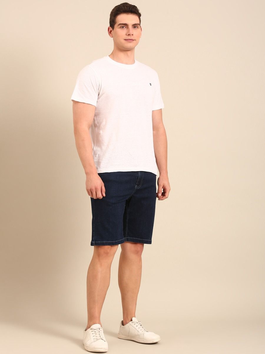 CAVALLO By Linen Club Men's Blended Linen Navy Blue Solid Contemporary Fit Shorts