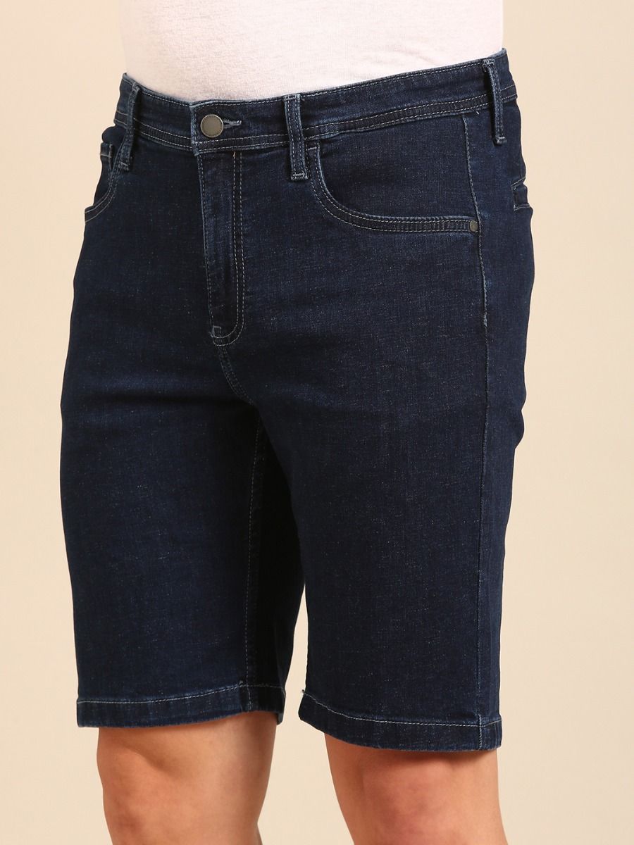 CAVALLO By Linen Club Men's Blended Linen Navy Blue Solid Contemporary Fit Shorts