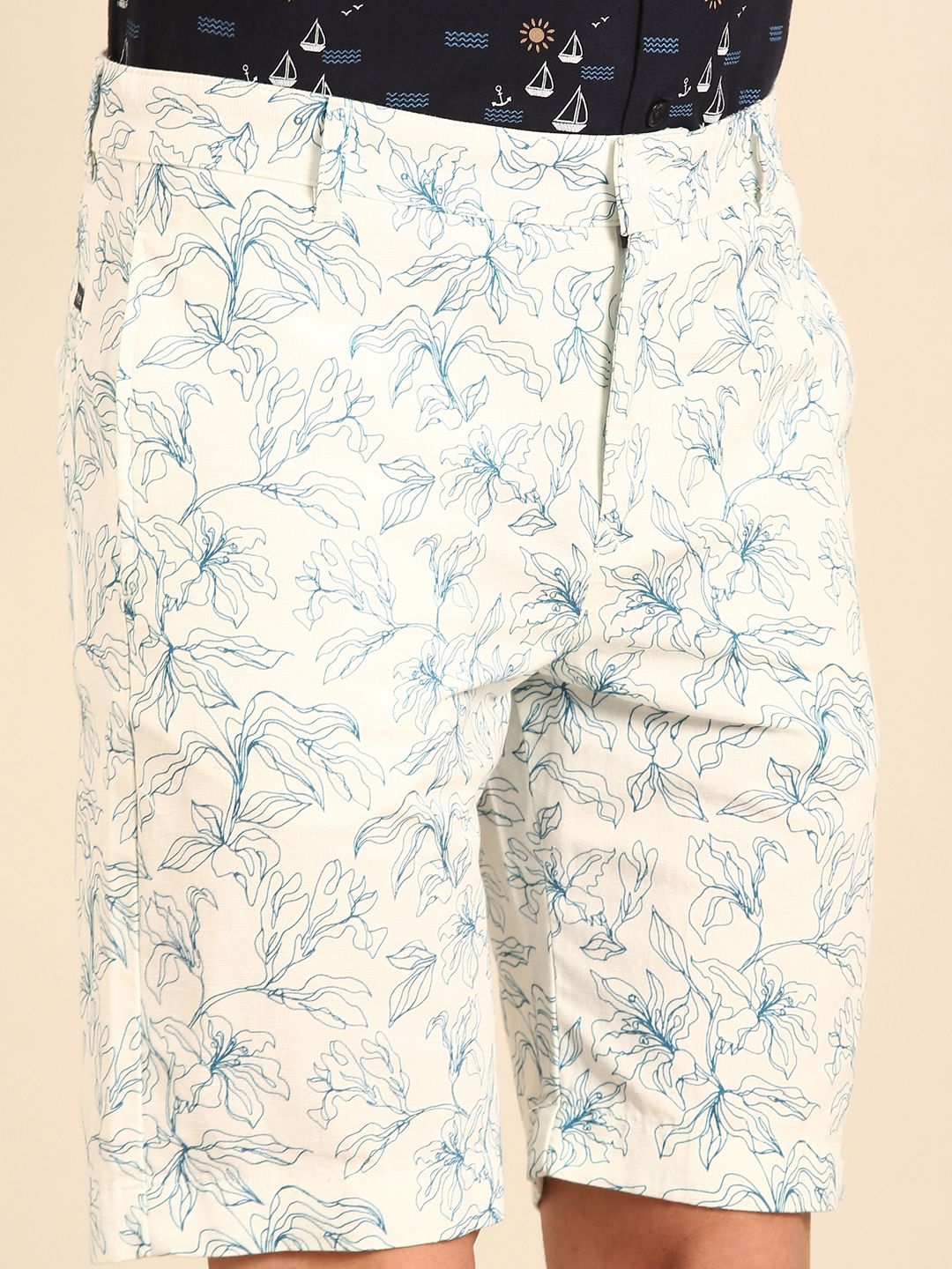 Cavallo By Linen Club Men's Blended Linen White Printed Contemporary Fit Casual Shorts