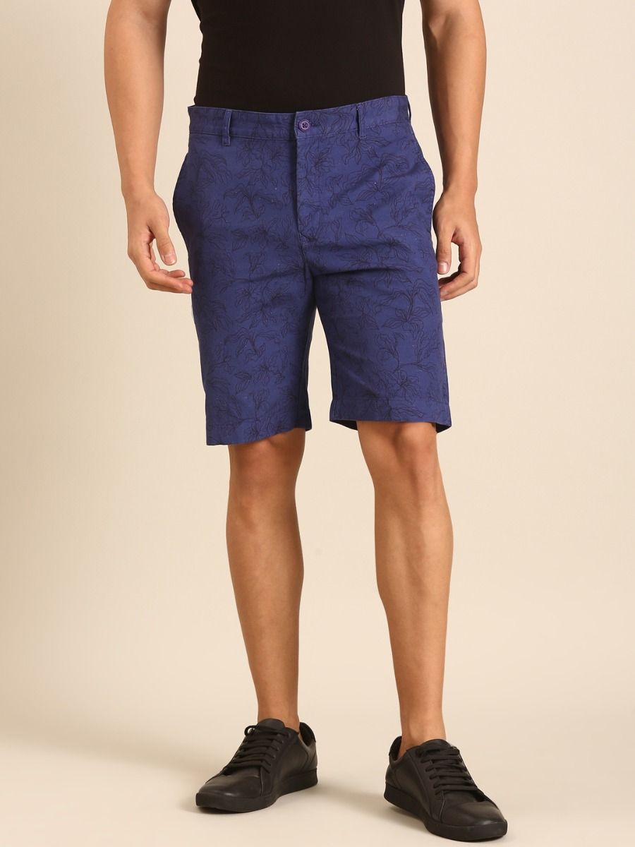 CAVALLO by Linen Club Men's Blended Linen Dark Blue Screen Print Contemporary Fit Casual Shorts CAVALLO by Linen Club Men's Blended Linen Dark Blue Screen Print Contemporary Fit Casual Shorts