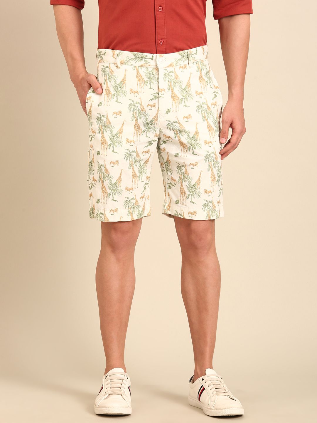 Cavallo By Linen Club Men's Blended Linen White Printed Contemporary Fit Casual Shorts