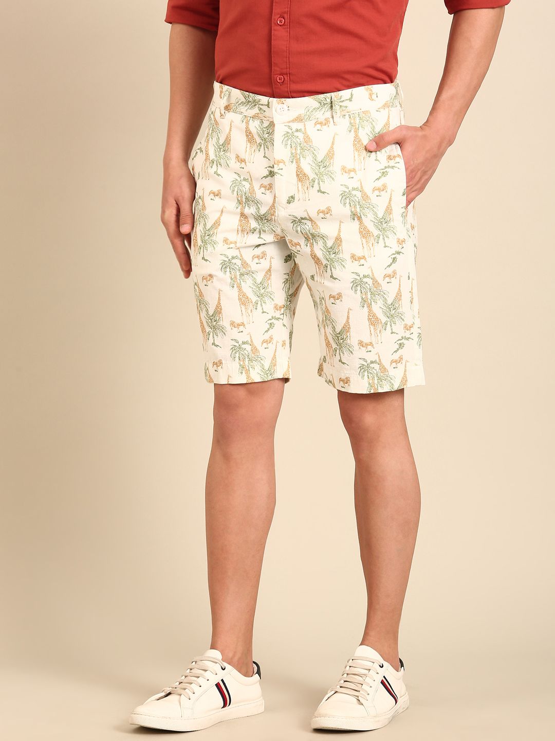 Cavallo By Linen Club Men's Blended Linen White Printed Contemporary Fit Casual Shorts