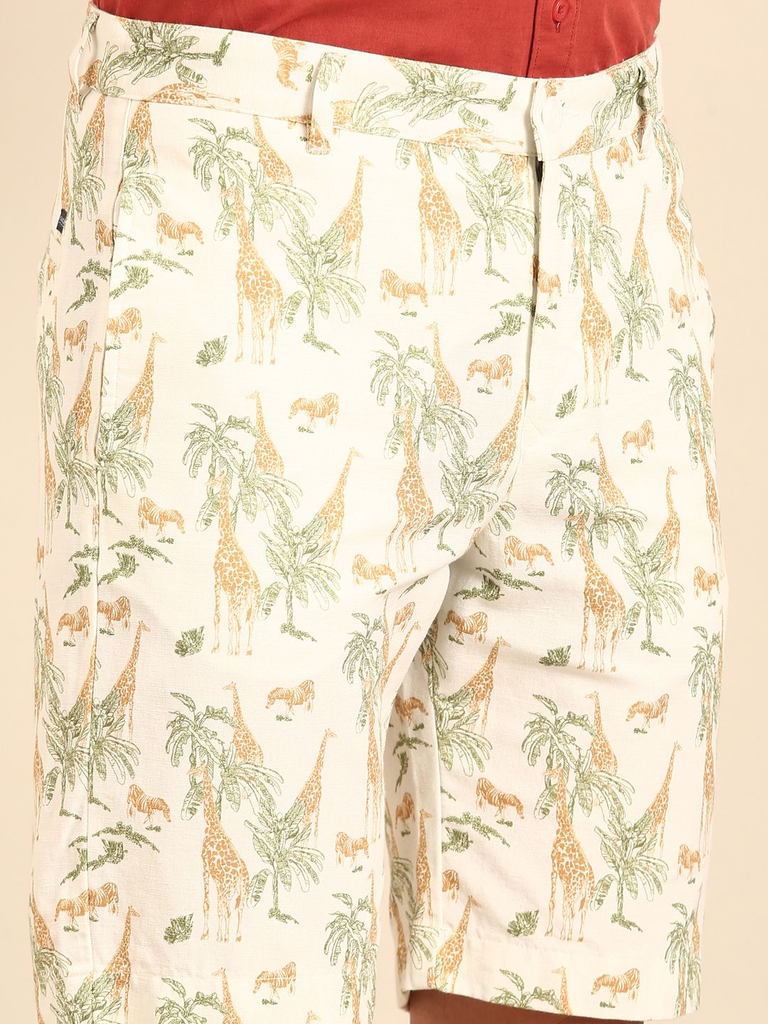 Cavallo By Linen Club Men's Blended Linen White Printed Contemporary Fit Casual Shorts