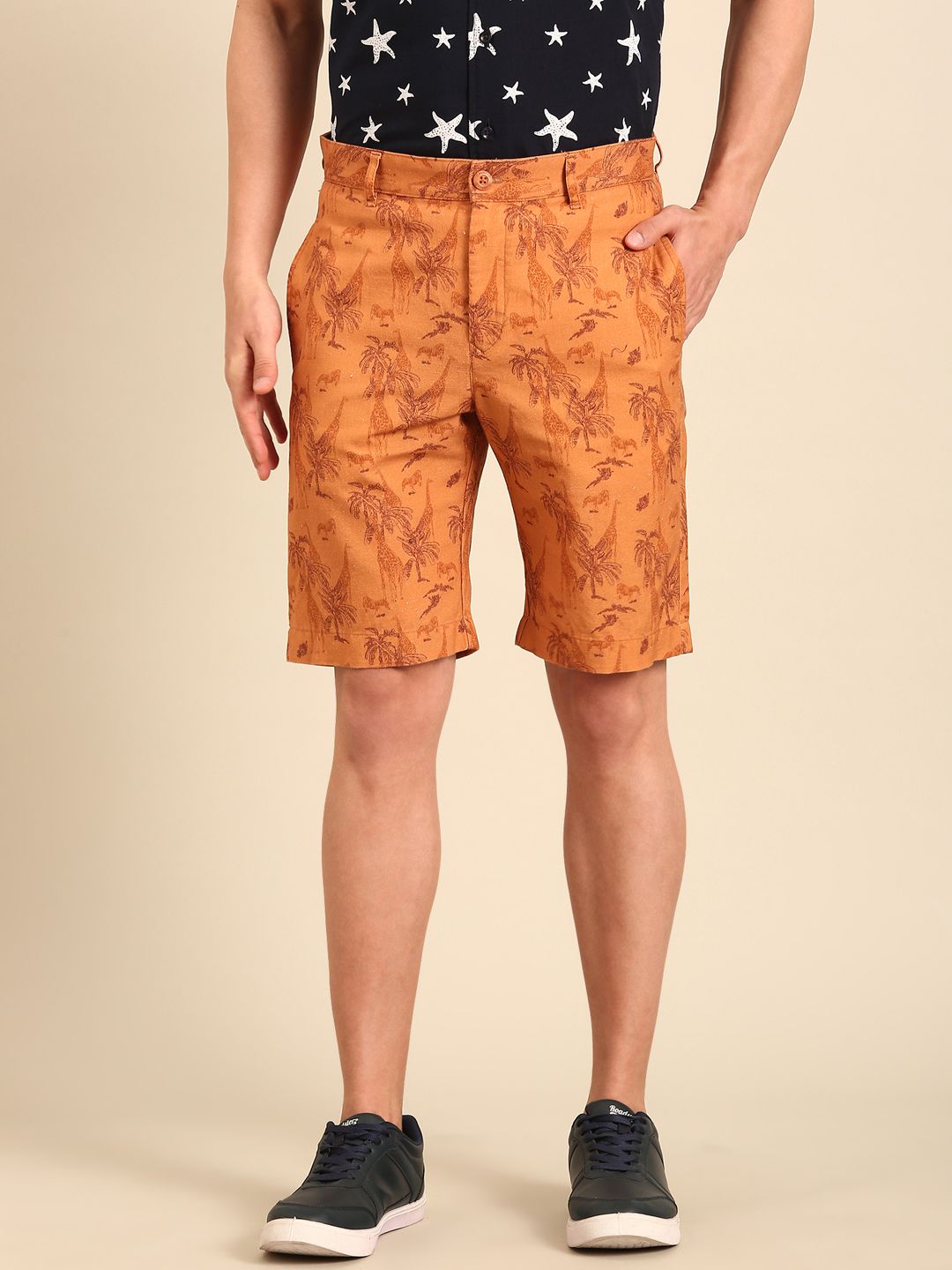 Cavallo By Linen Club Men's Blended Linen Brown Printed Contemporary Fit Casual Shorts