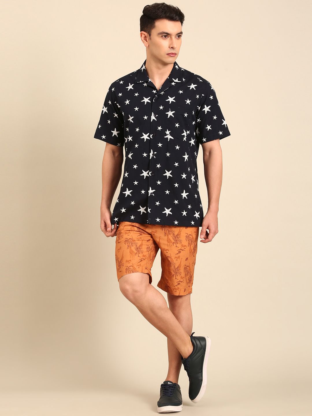 Cavallo By Linen Club Men's Blended Linen Brown Printed Contemporary Fit Casual Shorts