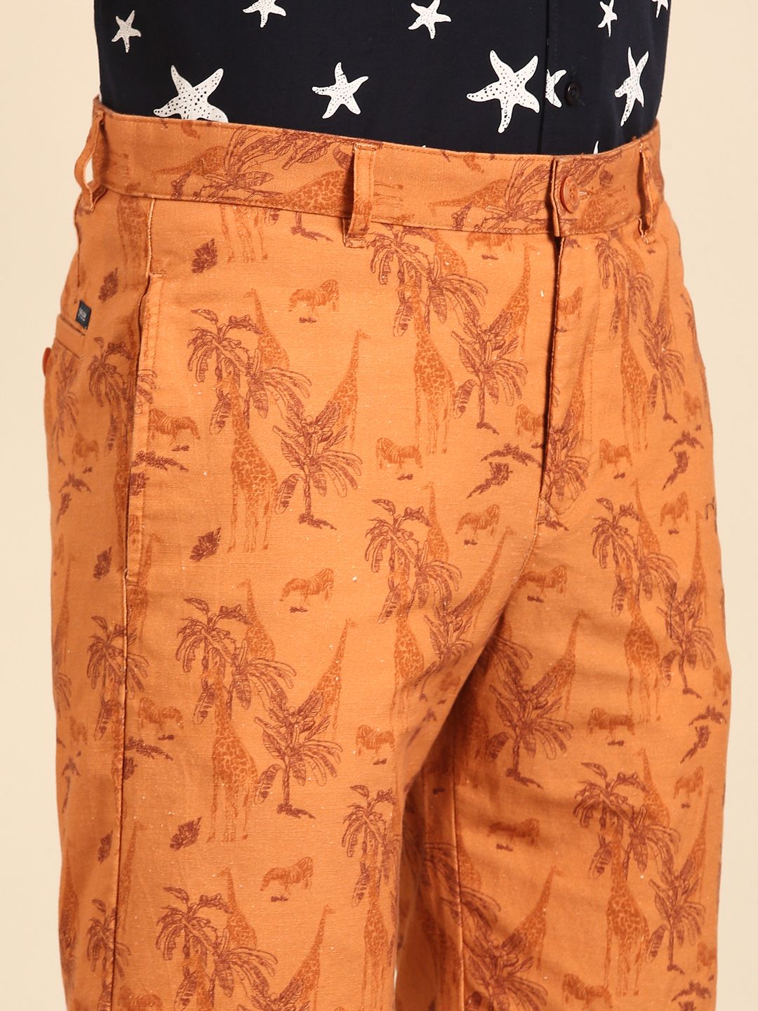 Cavallo By Linen Club Men's Blended Linen Brown Printed Contemporary Fit Casual Shorts