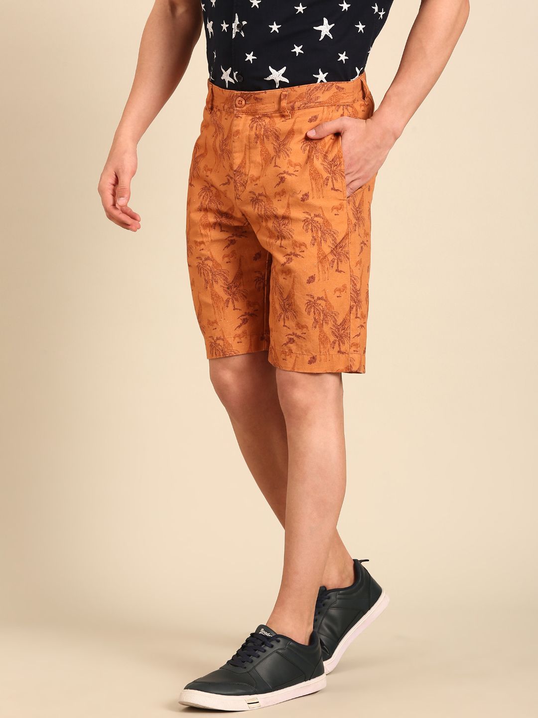 Cavallo By Linen Club Men's Blended Linen Brown Printed Contemporary Fit Casual Shorts