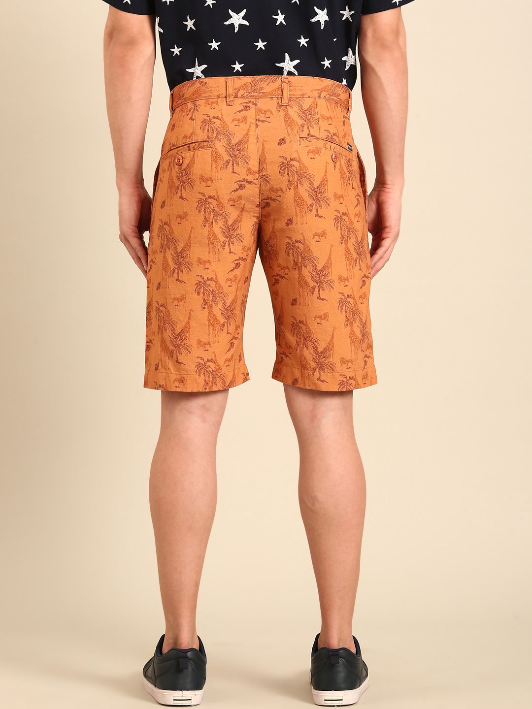 Cavallo By Linen Club Men's Blended Linen Brown Printed Contemporary Fit Casual Shorts