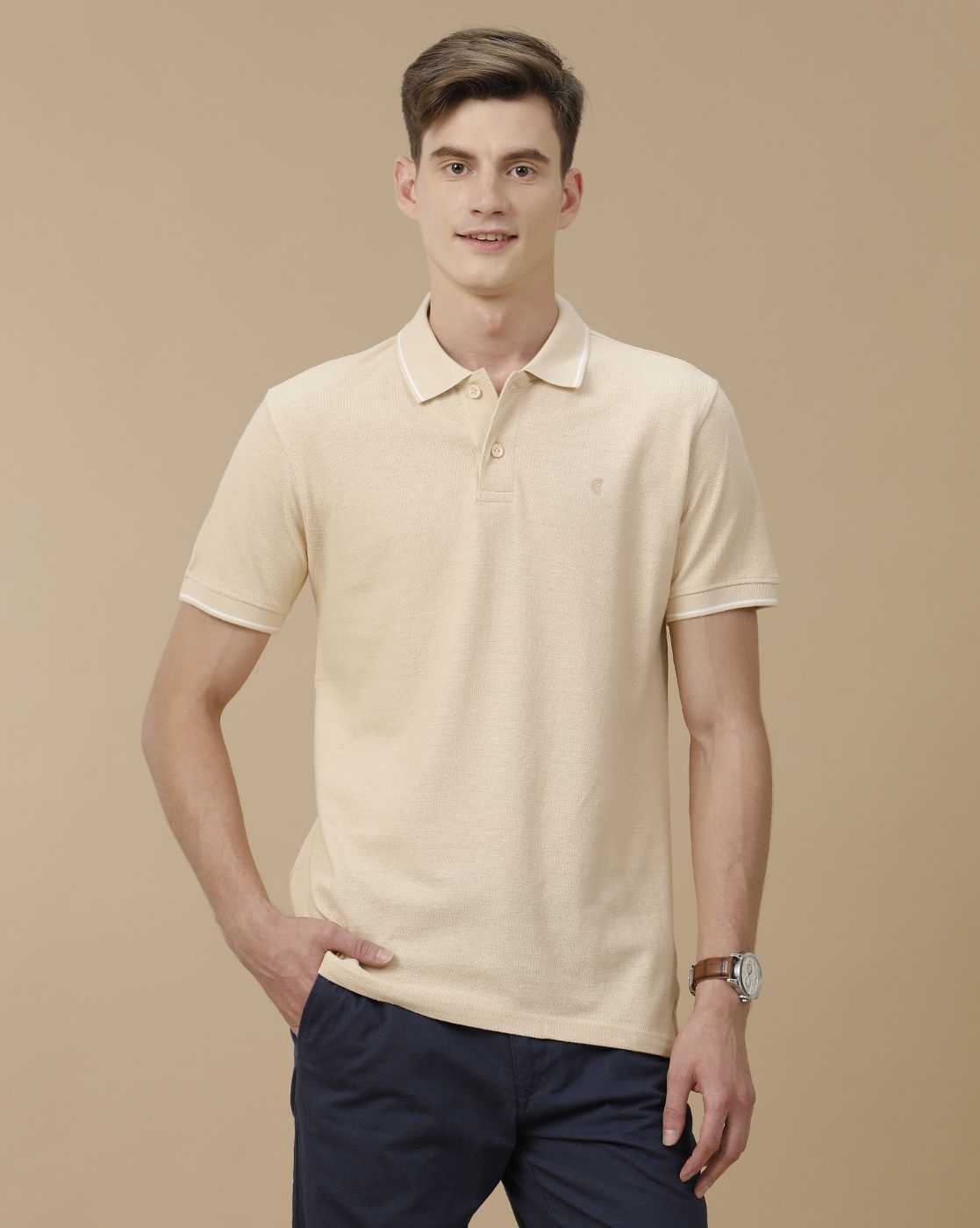 Men's Blended Linen Beige Solid Contemporary Fit Half Sleeve Polo Neck Casual T-Shirt