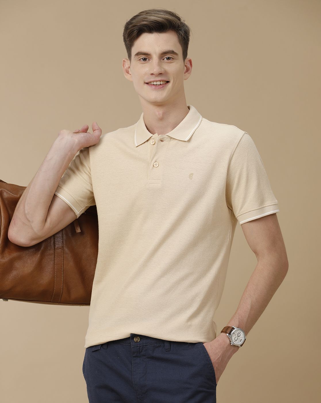 Men's Blended Linen Beige Solid Contemporary Fit Half Sleeve Polo Neck Casual T-Shirt