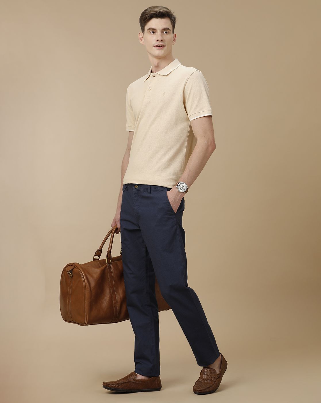 Men's Blended Linen Beige Solid Contemporary Fit Half Sleeve Polo Neck Casual T-Shirt