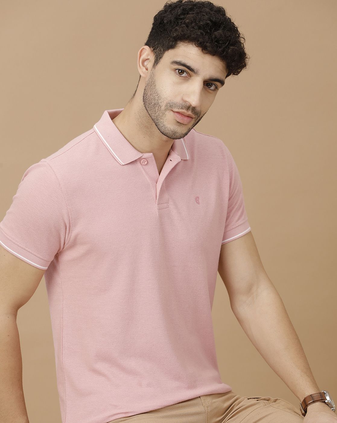 Men's Blended Linen Pink Solid Contemporary Fit Half Sleeve Polo Neck Casual T-Shirt