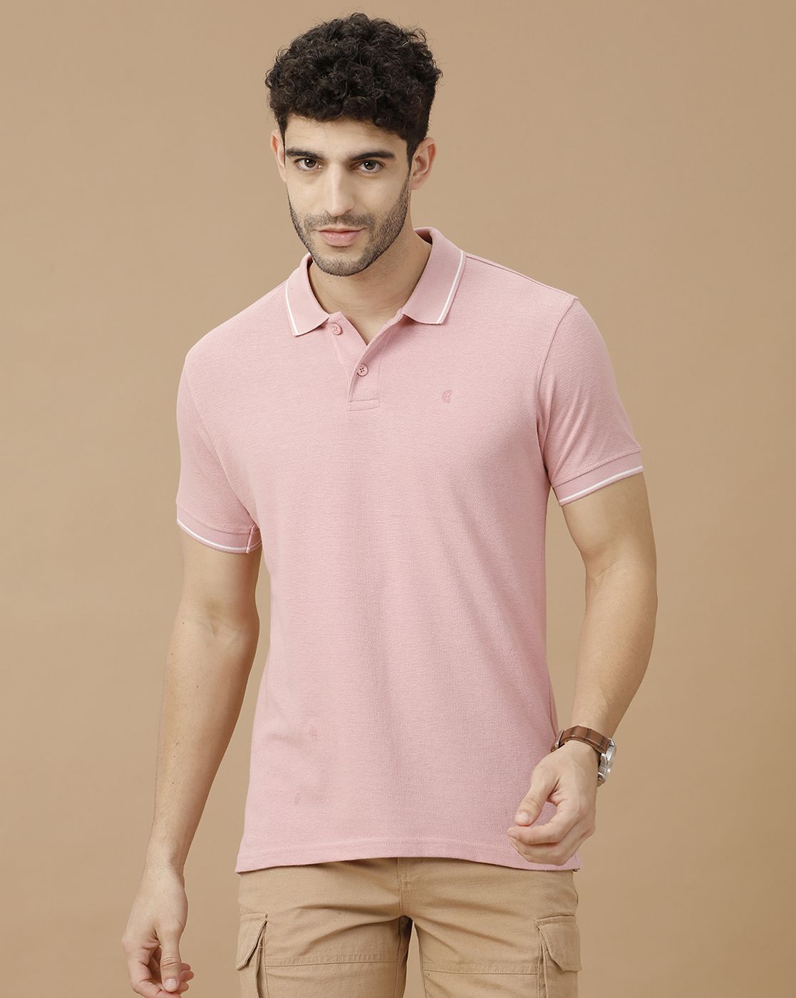 Men's Blended Linen Pink Solid Contemporary Fit Half Sleeve Polo Neck Casual T-Shirt