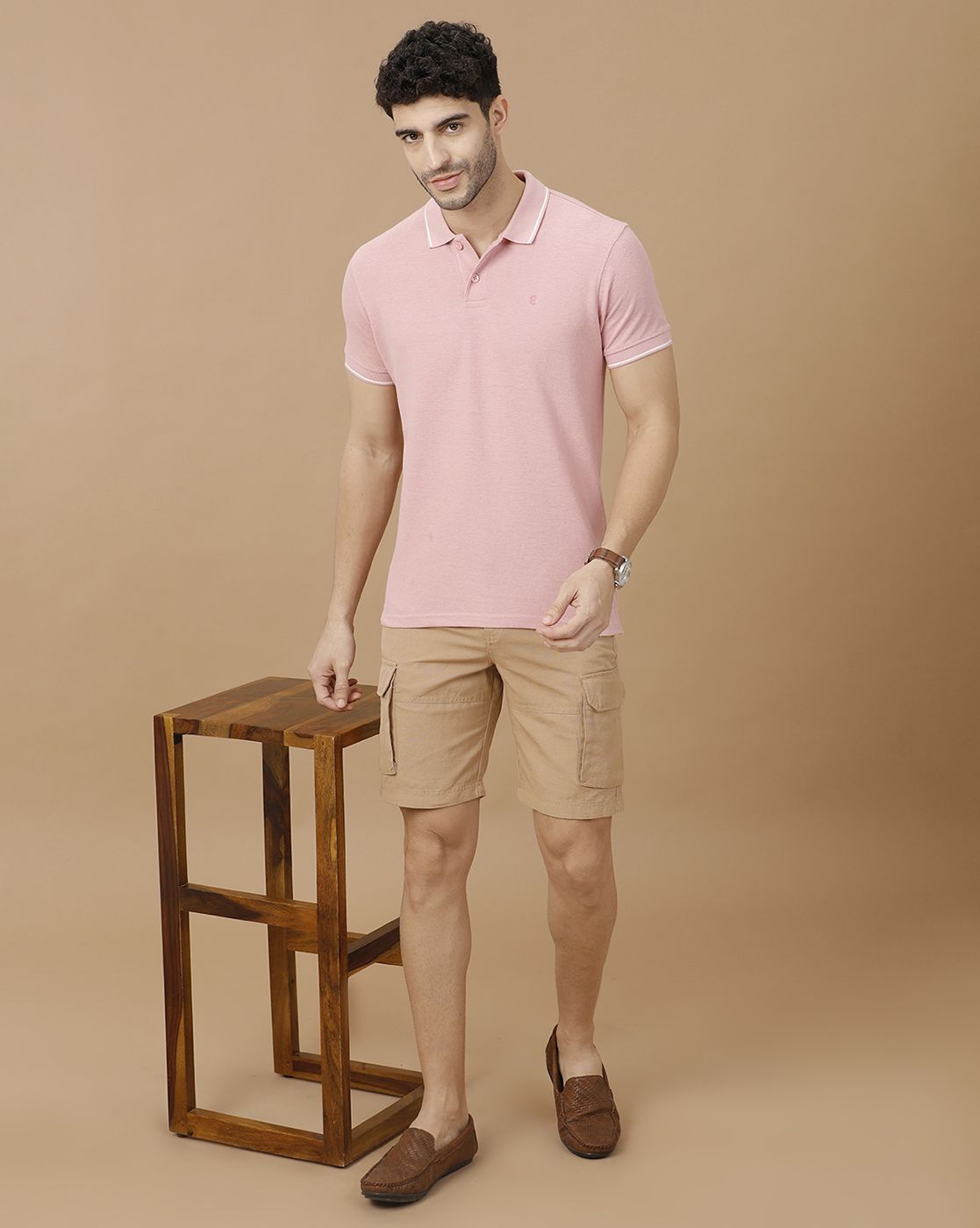Men's Blended Linen Pink Solid Contemporary Fit Half Sleeve Polo Neck Casual T-Shirt