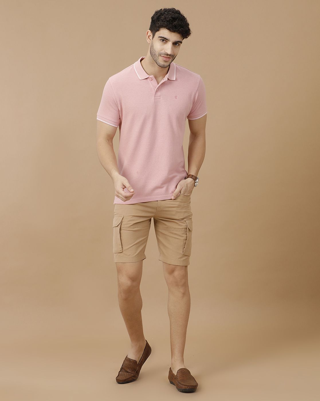 Men's Blended Linen Pink Solid Contemporary Fit Half Sleeve Polo Neck Casual T-Shirt